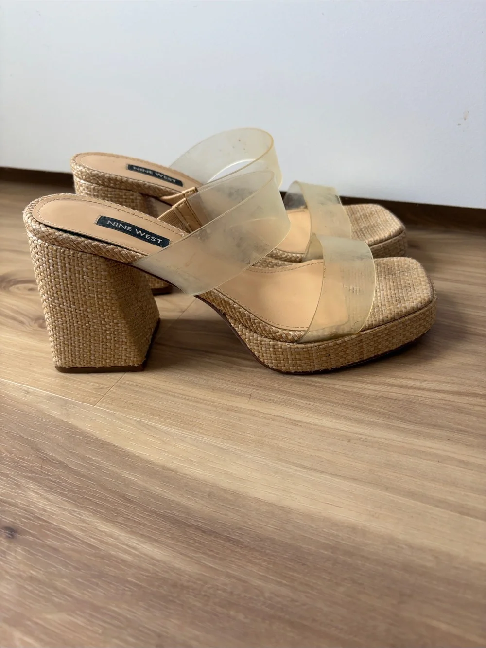 Nine West Clear-Strap Woven Platform Block Heels